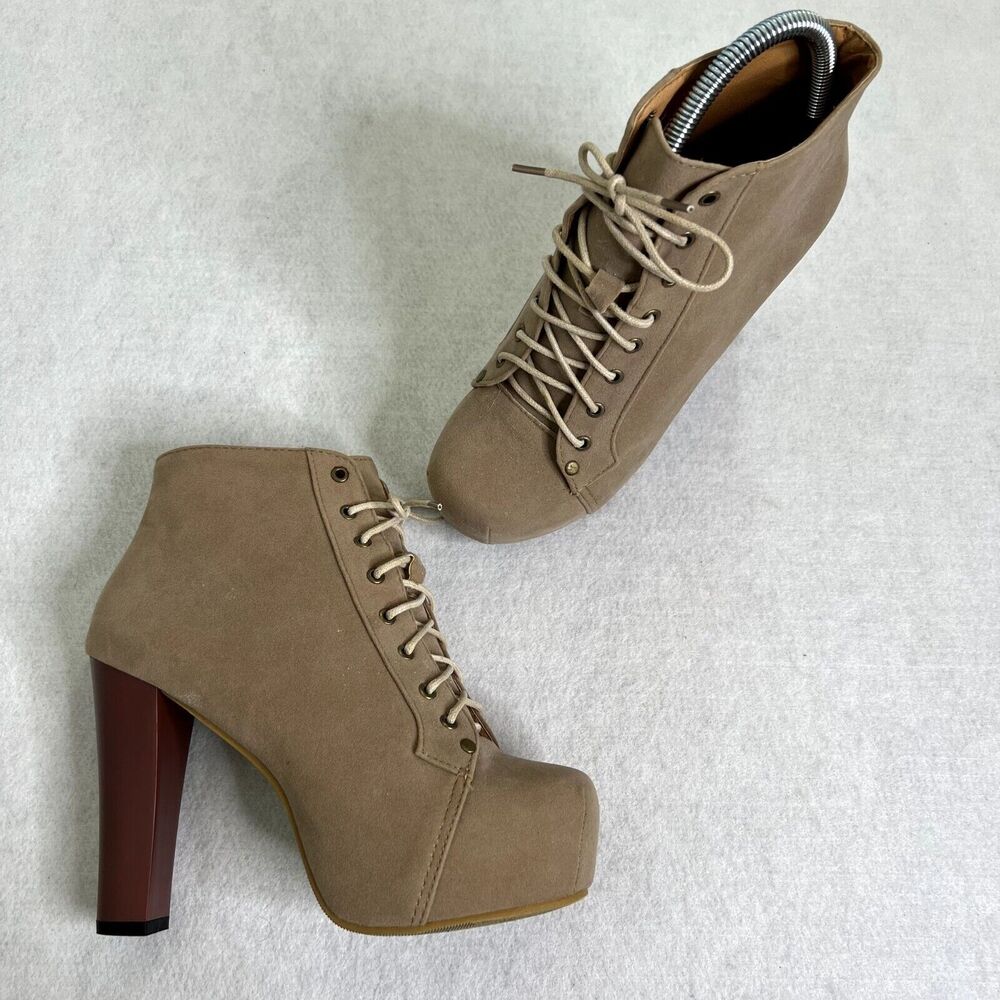 Tan Platform Heel Lace Up Ankle Booties